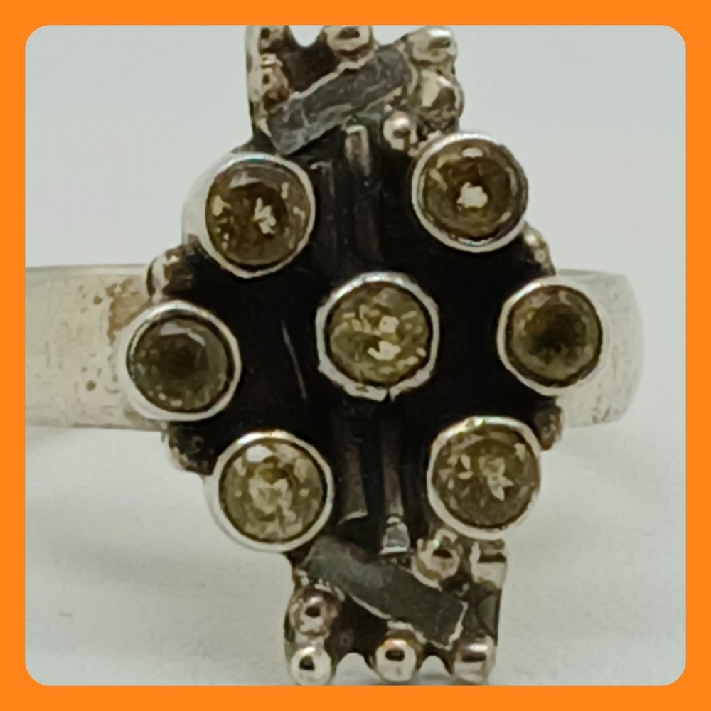 Artisan Crafted 925 Sterling Silver Citrine Cluster Ring Thailand 1990s Size 9.5